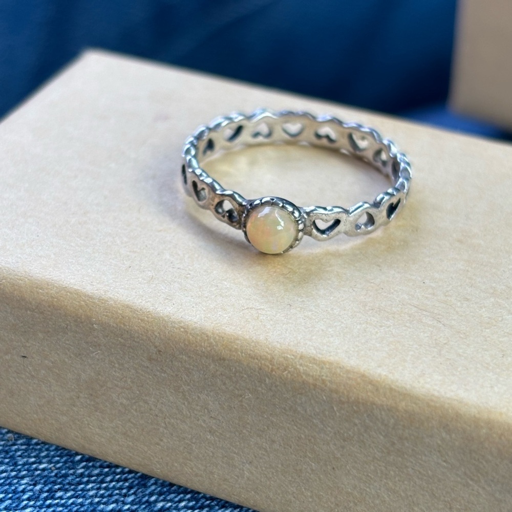 Silver Heart Band Opal Ring